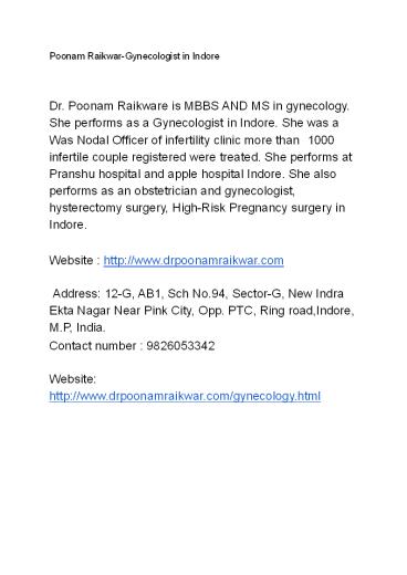 Poonam Raikwar-Gynecologist in Indore