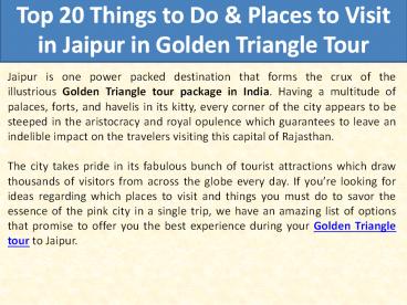 Top 20 Things to Do & Places to Visit in Jaipur in Golden Triangle Tour