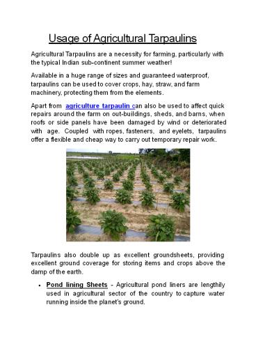 Usage of Agricultural Tarpaulins