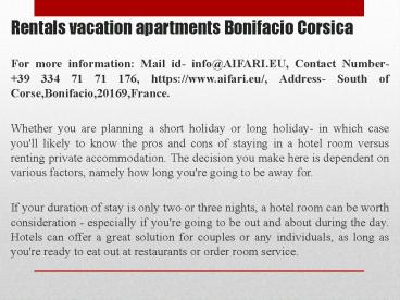 Rentals vacation apartments Bonifacio Corsica