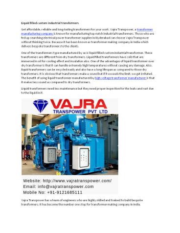 Liquid filled custom industrial transformers
