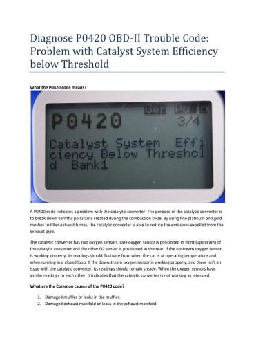 PartsAvatar, Toronto - Diagnose P0420 OBD-II Trouble Code
