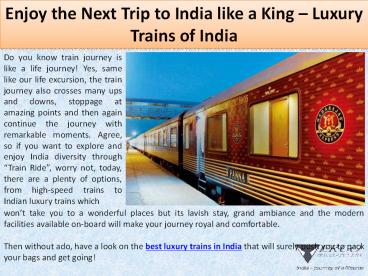 Enjoy the Next Trip to India like a King – Luxury Trains of India