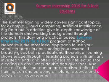 Summer Internship 2019 for B.tech Students