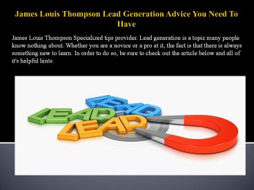 James L. Thompson Outsmart Your Competition: Learn About Lead Generation Now