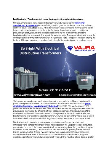 Best Distribution Transformers to increase the longevity of your electrical Appliances