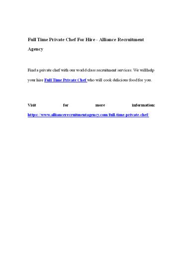 Full Time Private Chef For Hire - Alliance Recruitment Agency