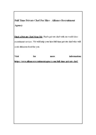 Full Time Private Chef For Hire - Alliance Recruitment Agency