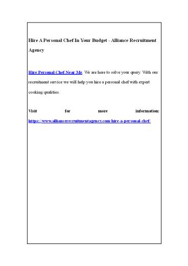 Hire A Personal Chef In Your Budget -- Alliance Recruitment Agency