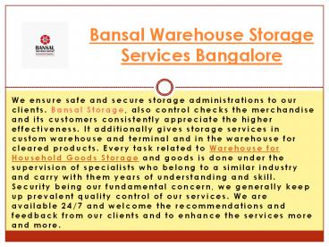 Bansal Warehouse Storage Services Bangalore