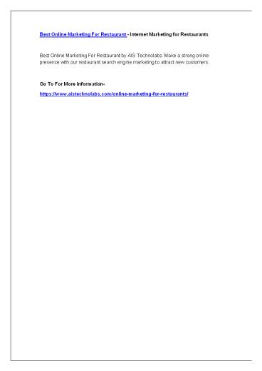 Best Online Marketing For Restaurant - Internet Marketing for Restaurants