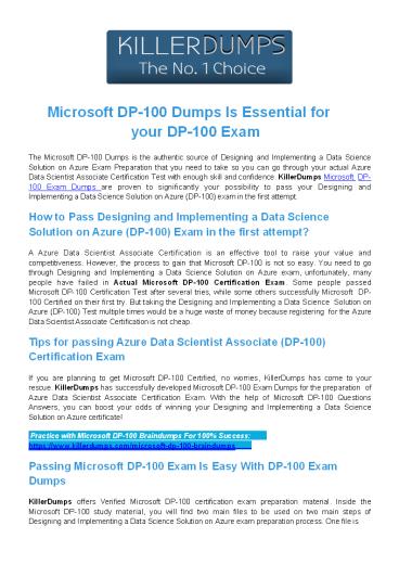 Microsoft DP-100 PDF Dumps with Verified DP-100 Answers by KillerDumps