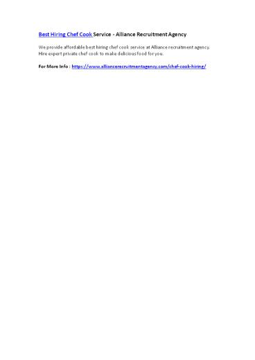 Best Hiring Chef Cook Service - Alliance Recruitment Agency