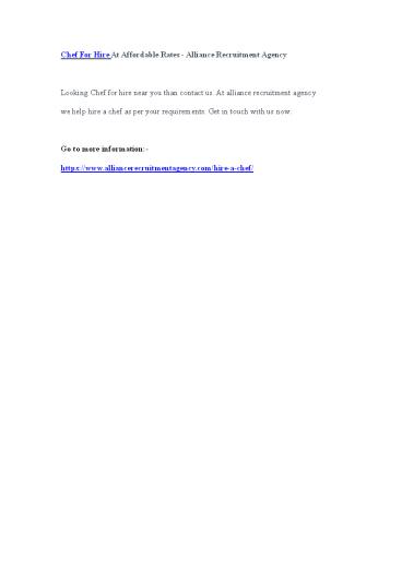 Chef For Hire At Affordable Rates - Alliance Recruitment Agency