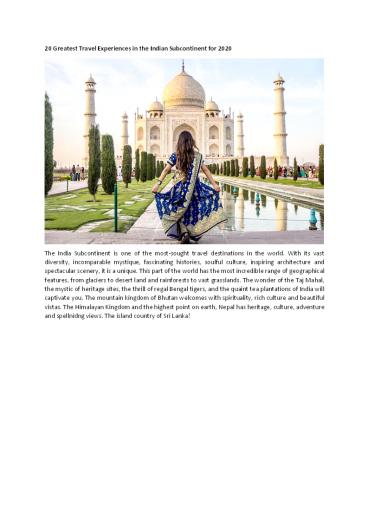 20 Greatest Travel Experiences in the Indian Subcontinent for 2020