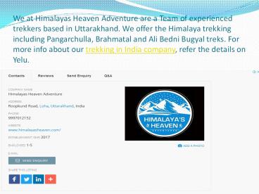Indian Himalayas Trekking Company Listed on Yelu