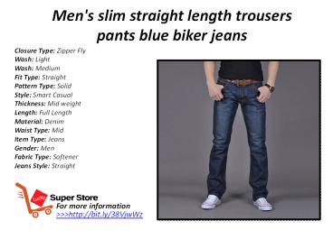 Men's slim straight length trousers pants blue biker jeans