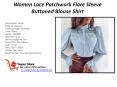 Women Lace Patchwork Flare Sleeve Buttoned Blouse Shirt PowerPoint PPT Presentation