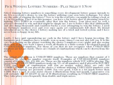 Pick Winning Lottery Numbers - Play Select 3