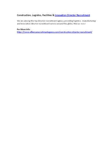 Construction, Logistics, Facilities & Innovation Director Recruitment