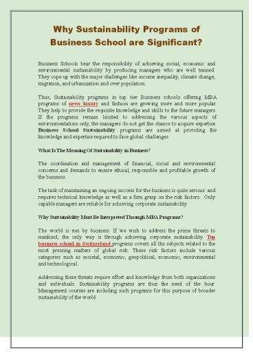 Why Sustainability Programs of  Business School are Significant?