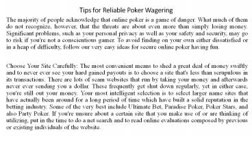 Tips for Reliable Poker Wagering