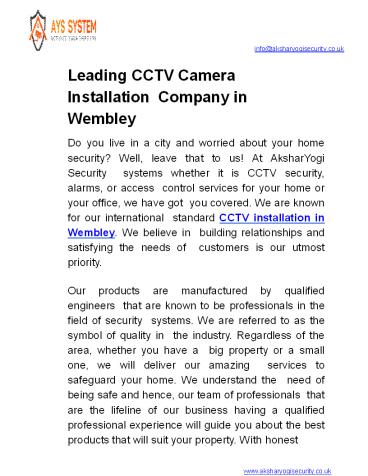 Leading CCTV Camera Installation Company in Wembley