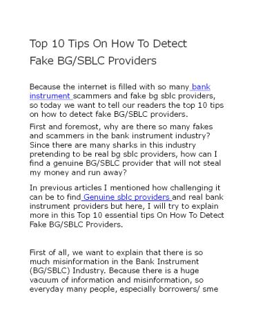 Top ten essential Tips On How To spot Fake BG/SBLC Providers & bank instrument scammers