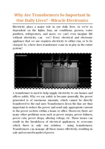 Why Are Transformers So Important In Our Daily Lives - Miracle Electronics