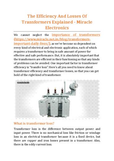 The Efficiency And Losses Of Transformers Explained - Miracle ...
