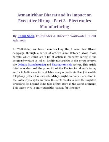 Atmanirbhar Bharat and its impact on Executive Hiring - Part 3 - Electronics Manufacturing