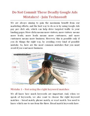 Do Not Commit These Deadly Google Ads Mistakes - Jain Technosoft