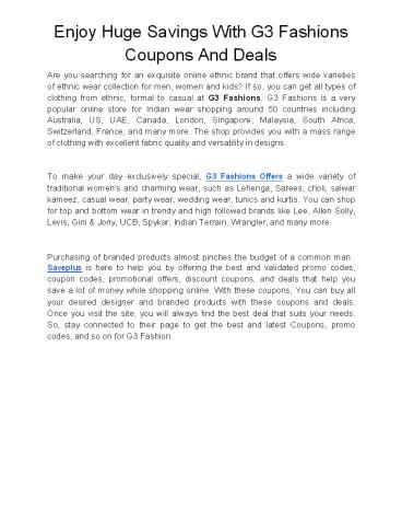 Enjoy Huge Savings With G3 Fashions Coupons And Deals