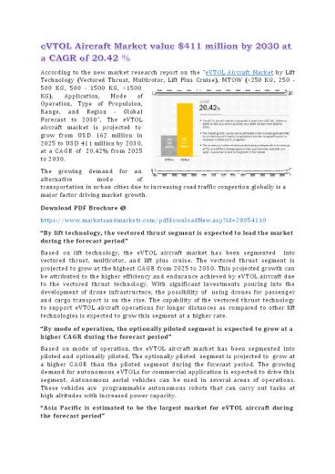 eVTOL Aircraft Market value $411 million by 2030 at a CAGR of 20.42 %