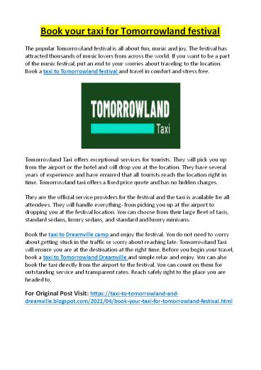 Book your taxi for Tomorrowland festival