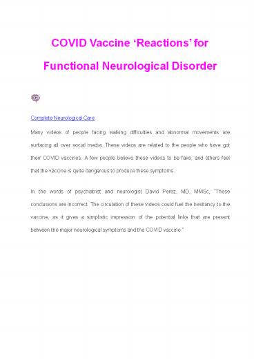 COVID Vaccine ‘Reactions’ for Functional Neurological Disorder