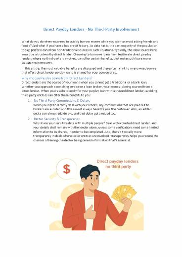 Direct Payday Lenders – No Third Party Involvement