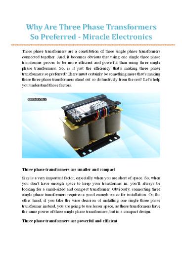 Why Are Three Phase Transformers So Preferred - Miracle Electronics