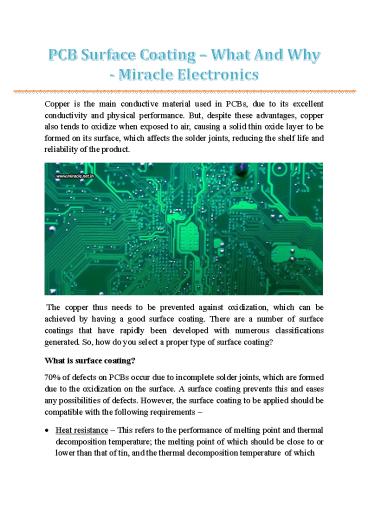 PCB Surface Coating – What And Why - Miracle Electronics