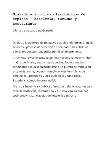 Granada - anuncios clasificados de empleos - hotelería, turismo y restaurants