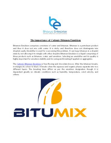 The importance of Cationic Bitumen Emulsion