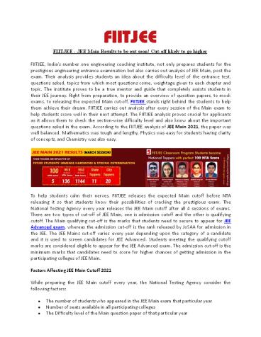FIITJEE – JEE Main Results to be out soon! Cut-off likely to go higher (1)