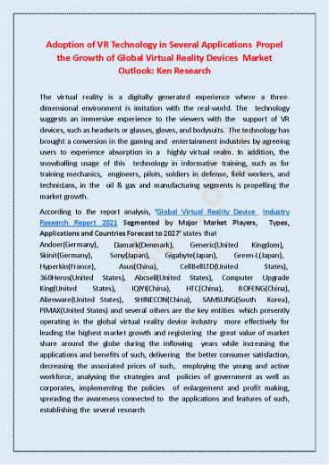 Global Virtual Reality Device Market: Global Industry, Size, Share, Growth, Trends and Forecast 2021–2027