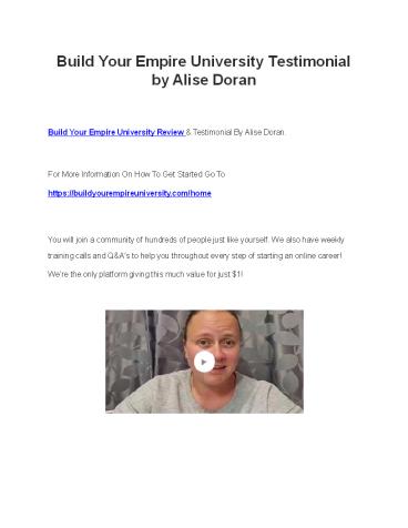 Build Your Empire University Testimonial by Alise Doran