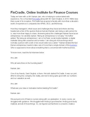 FinCradle, Online Institute for Finance Courses