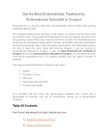 Get the Best Endometriosis Treatment by Endometriosis Specialist in Gurgaon