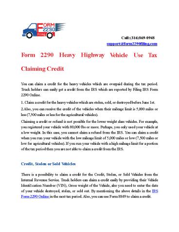 Form 2290 Heavy Highway Vehicle Use Tax Claiming Credit