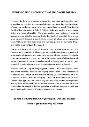 Wants To Find a Company That Build Your Dreams