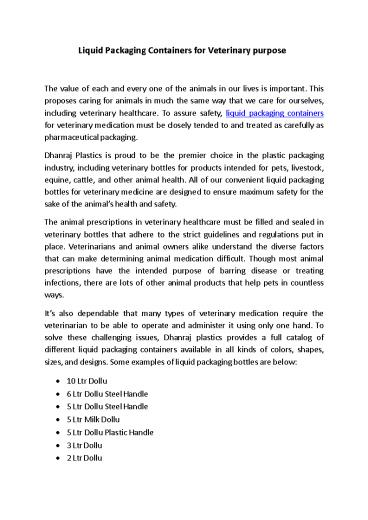 Liquid Packaging Containers for Veterinary purpose