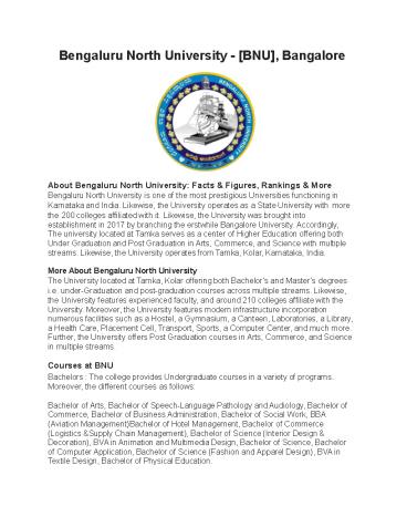 Bengaluru North University - [BNU], Bangalore